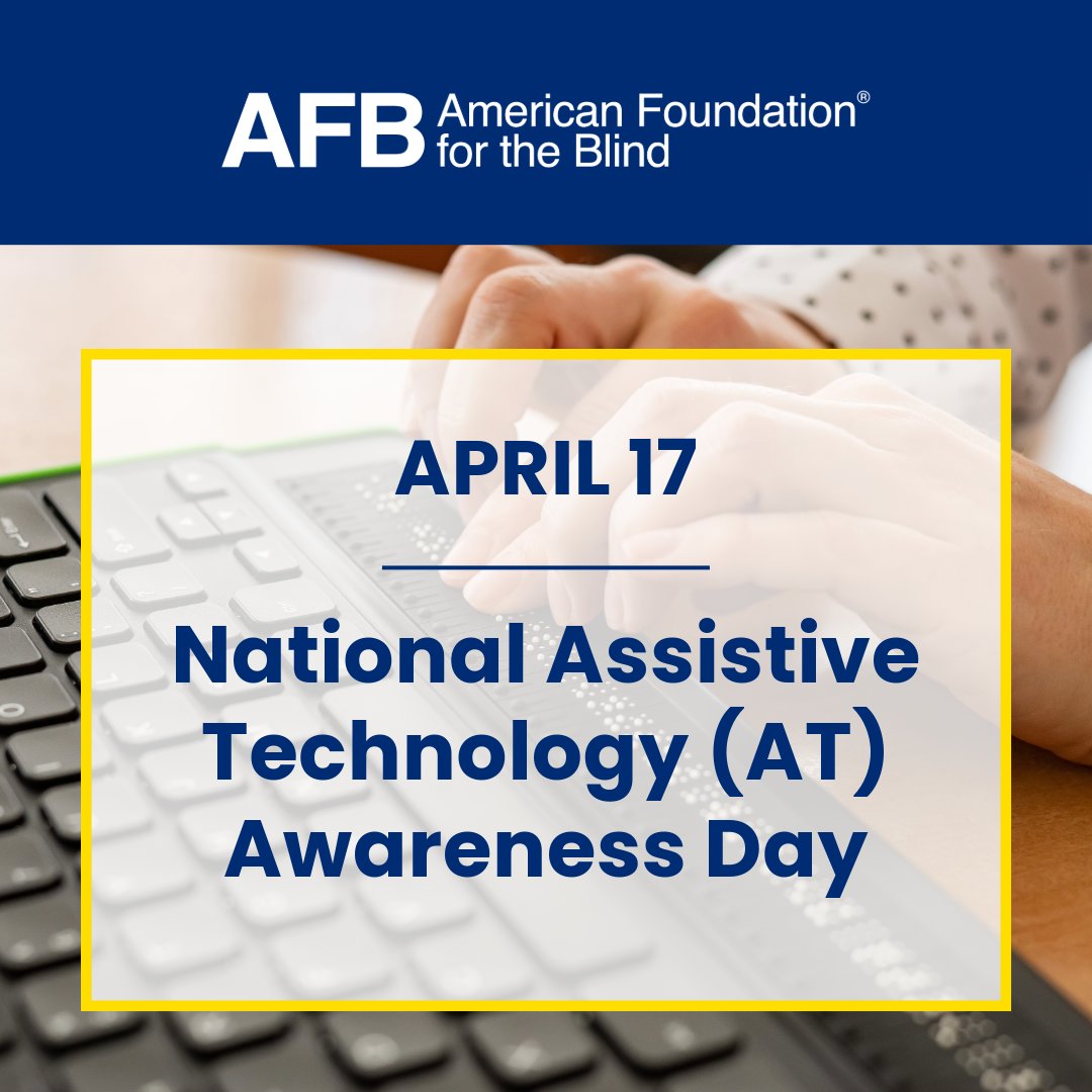 AFB1921's tweet photo. Today is National Assistive Technology Awareness Day! We celebrate and bring attention to the critical role that assistive technology plays in the lives of people with disabilities. https://t.co/9x19fOqNiS #ATAwarenessDay #disability #disabilityinclusion https://t.co/5ga7VVnB6D