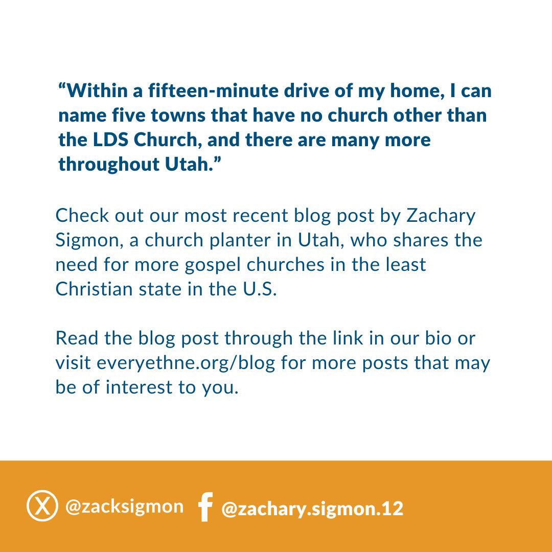 Check out our most recent blog post by @zacksigmon, a church planter in Utah who shares the need for more gospel churches in the least Christian state in the U.S. 

🌐: everyethne.org/reaching-utah/

#utahchurchplanting #utah #utahlife #utahministry #churchplanting #nationwideplanting