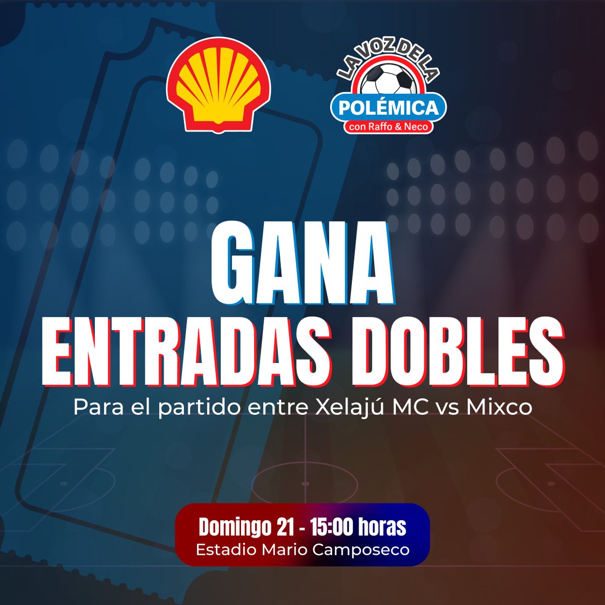 ⚽🌙 𝐆𝐀𝐍𝐀 𝐄𝐍𝐓𝐑𝐀𝐃𝐀𝐒 𝐏𝐀𝐑𝐀 𝐄𝐋 𝐄𝐒𝐓𝐀𝐃𝐈𝐎 ⚽🌙 | Este domingo llega el emocionante final de la fase de clasificación del torneo Clausura 2024 y el estadio Mario Camposeco será una fiesta. Estamos regalando cinco pases dobles para el partido. Para participar,