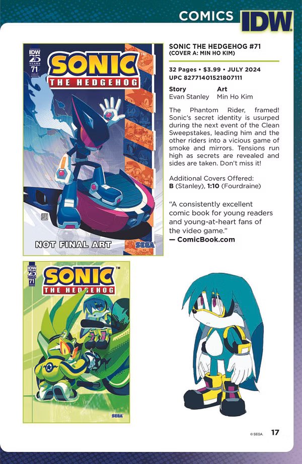 The solicitation for Sonic the Hedgehog #71 dropped from @IDWPublishing & @bleedingcool. Featuring Kit's new look for the upcoming arc.

Cover A: @deegeemin
Cover B: @SpiritSonic
Cover RI: @Loopyyylupe

#IDWSonic