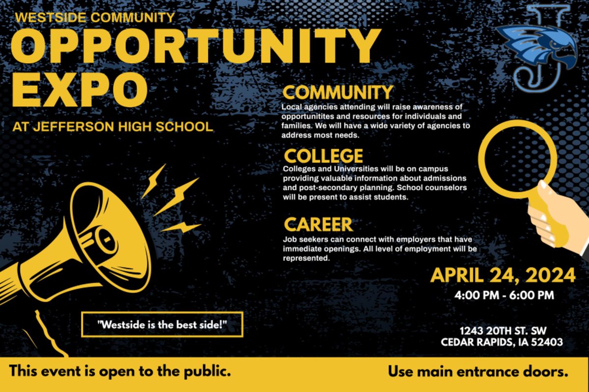 Check this out, Wilson Rams!
Jefferson High School invites you  to their first Opportunity Expo.  Colleges/universities, local employers, and community agencies were invited  to come and serve our community.