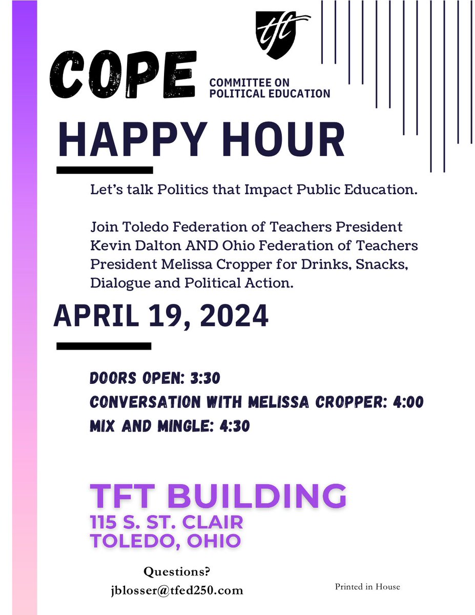 TFT members! Join @mcropper1 and @Kdalton250 this Friday for TFT’s COPE Happy Hour! #CommitteeOnPoliticalEducation