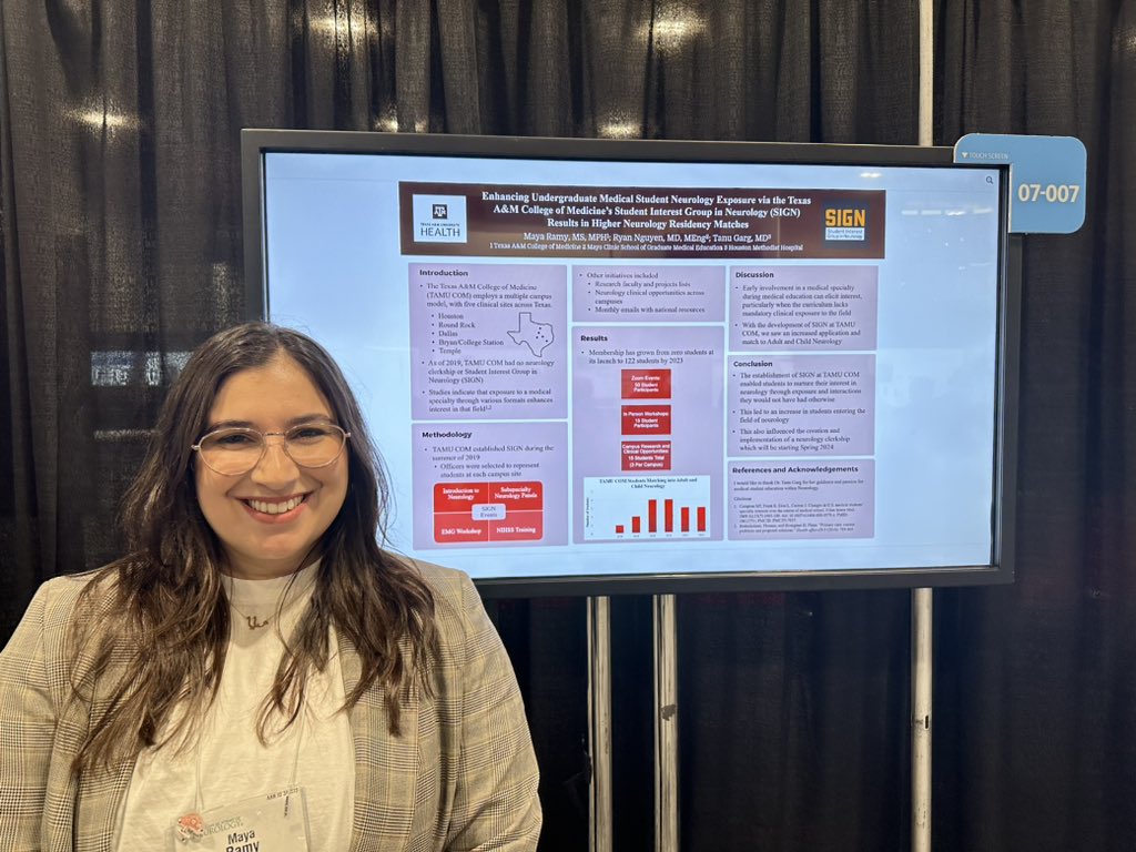 Thank you to everyone that stopped by my poster to learn more about how to develop a successful SIGN group to increase student interest in neurology! Honored to leave this legacy at @TAMUmedicine 🫶🏼🧠👩🏻‍⚕️

#NeuroMatch #MedEd #AANAM
