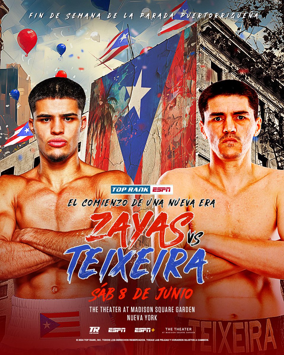 El boxeador puertorriqueño Xander Zayas 🇵🇷 (18-0, 12 KOs) se enfrentará al boxeador brasileño ex campeón mundial Patrick Teixeira 🇧🇷 (34-4, 25 KOs) en el evento principal de 10 asaltos el sábado 8 de junio.
#ZayasTeixeira 🥊