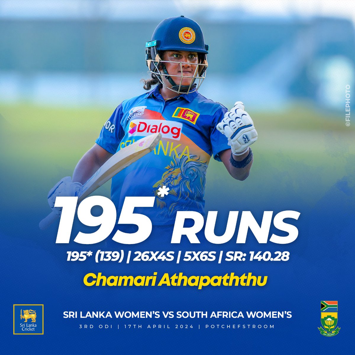 Chamari Athapaththu rewrites the history books! 🇱🇰🎉 #ChamariTheHurricane Our star batter smashed a phenomenal 195* - the highest score EVER by a Sri Lankan woman in ODIs and the THIRD HIGHEST in the WORLD for women's ODIs! #WomensCricket #SAvSL #LionessesRoar