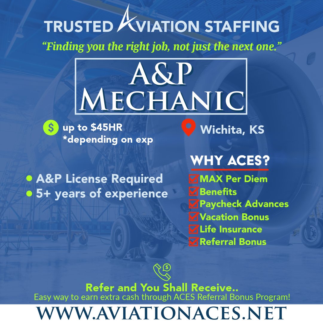 Attention A&P Mechanics! Wichita, KS, the 'Air Capital of the World,' presents a fantastic opportunity paying up to $45HR. Contact us today or tag someone who should! CONTACT US👇 aviationaces.net/job-openings Call: 817.402.0405 or Email: recruiting@aviationaces.net #aviationjobs