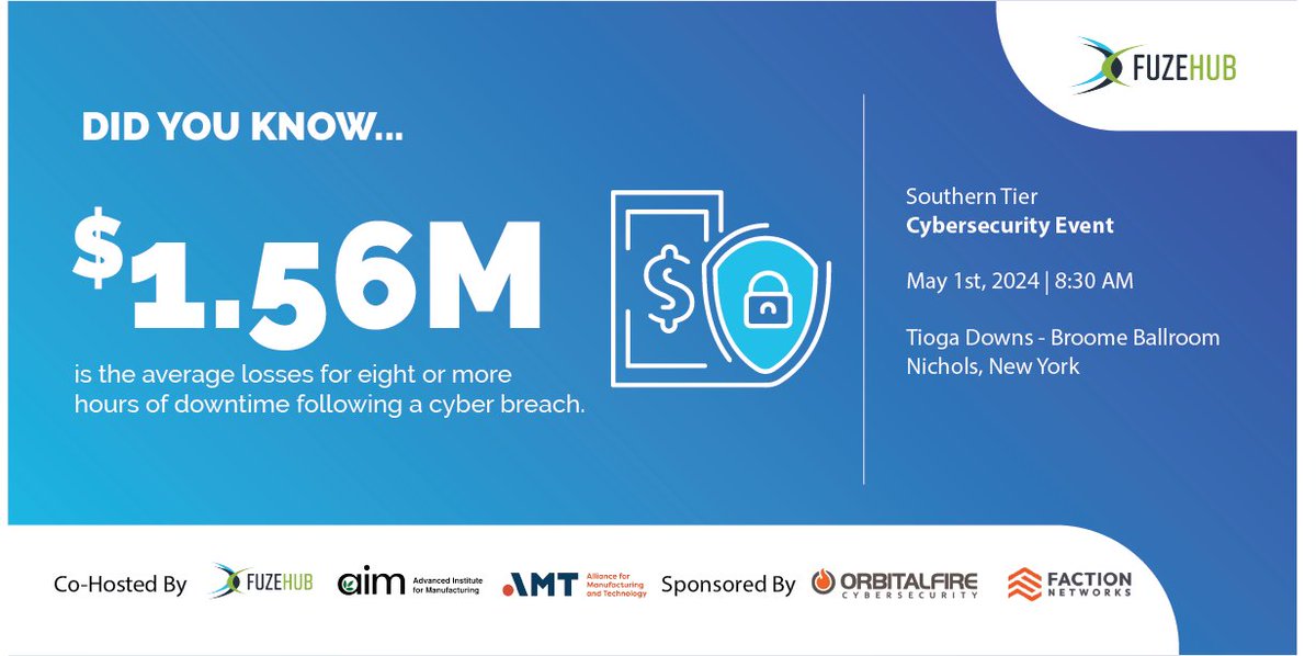 🛡️ Don't ignore the true cost of #cyberattacks! Join us in Nichols, NY on May 1st, 8:30 AM for The Southern Tier Cybersecurity Event. Learn to safeguard your small business and leverage the NYS Cybersecurity Manufacturing Initiatives Grant. Register here: bit.ly/48CsfuY