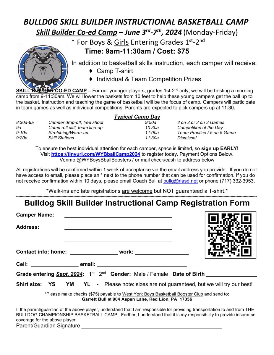 WestYorkHoops's tweet image. 🏀🏀Bulldog Basketball Camps are back! See the fliers below for all of the information! Please private message with any questions. We are looking forward to working with campers of all skill levels! Spots fill up very fast! Sign up!🏀🏀