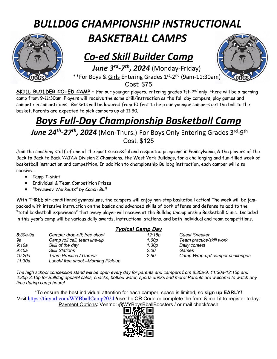 WestYorkHoops's tweet image. 🏀🏀Bulldog Basketball Camps are back! See the fliers below for all of the information! Please private message with any questions. We are looking forward to working with campers of all skill levels! Spots fill up very fast! Sign up!🏀🏀