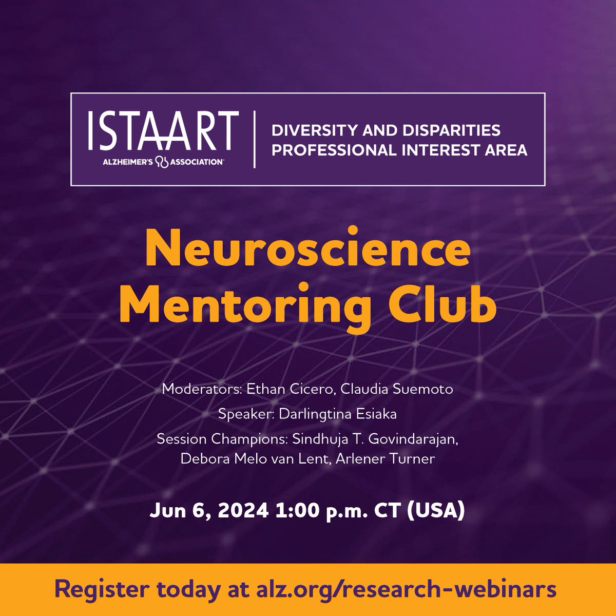 Our next Neuroscience Mentoring Club will be on June 6 (1pm, CT/USA). Join us for an engaged discussion w Dr Darlingtina Esiaka. Register at alz.org/research-webin… where you can submit ?s for Dr Esiaka and topics for our open forum discussion. #ENDAlz @ISTAART @Dkesiaka