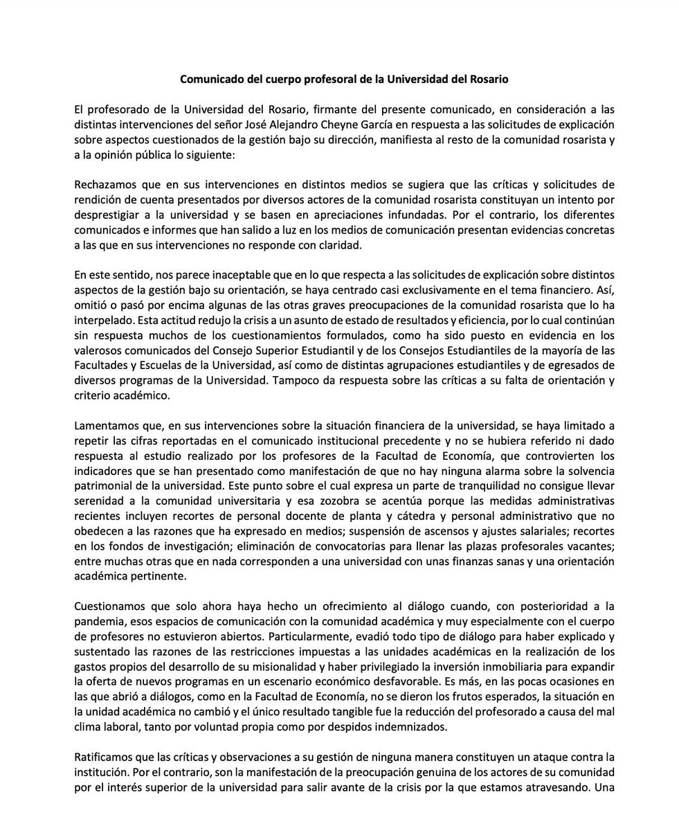 rcnradio's tweet photo. #LoÚltimo | Sigue la tensión en la Universidad del Rosario. El profesorado de la institución reiteró su pedido para que el rector Alejandro Cheyne se aparte del cargo. “Continúan sin respuesta muchos de los cuestionamientos formulados. Tampoco da respuesta sobre las críticas a su falta de orientación y criterio académico”, aseguran los docentes.