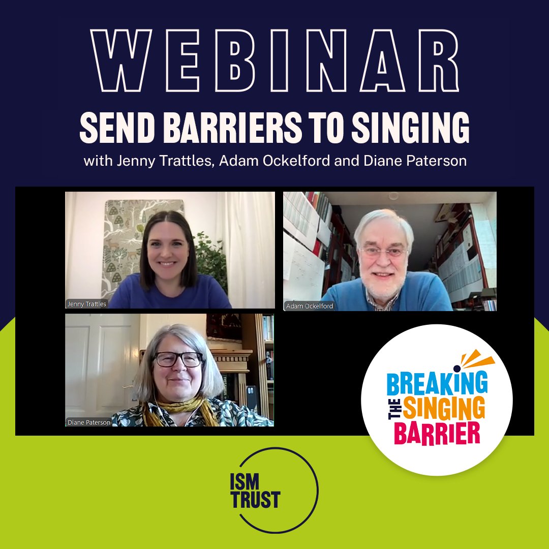 We're ready to go for our first #BreakingTheSingingBarrier webinar: SEND barriers to singing 🎶

Follow along for some key advice from Jenny Trattles (<a href="/Voices_Found/">Voices Foundation</a>), Adam Ockelford and Diane Paterson 🧵