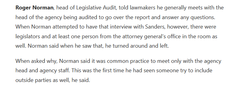 From @ArkTimes story on yesterday's #lecterngate hearing: Head of Legislative Audit did set up a meeting to interview Gov. Sanders but left because AG staffer, legislators were in the room; says it was 1st time he'd seen 'someone try to include outside parties.' #Arkansas #arpx