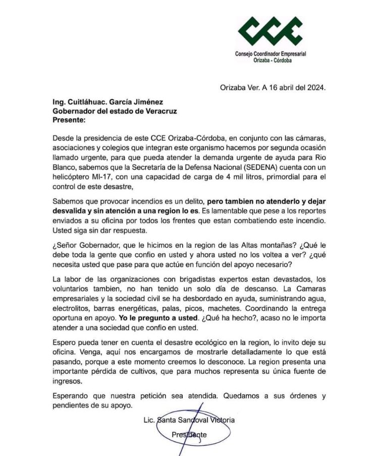 Empresarios de la zona Córdoba-Orizaba reclama al gobernador de Veracruz no atender los incendios forestales y le recuerdan si es un delito provocarlos también lo es dejar que ardan sin control. “¿Qué le hicimos?”, le preguntan.