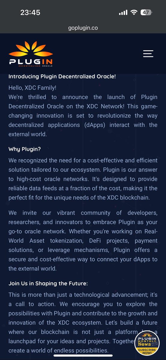 #Plugin - $PLI -, the native oracle on the #XDC Network, is a fork of #Chainlink. As XDC grows in the real-world assets (#RWA) sector, the demand for Plugin will significantly increase. Don’t overlook its current price, which is a bargain. Please carefully read the message from…