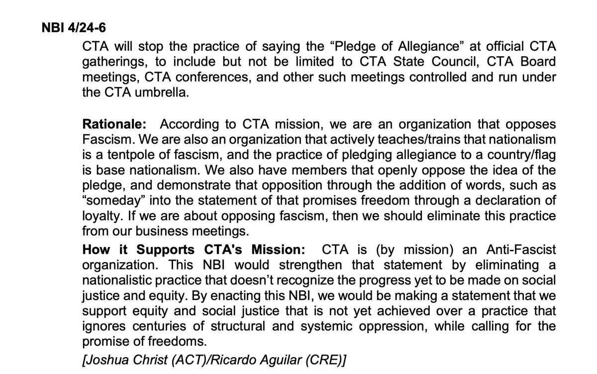 California's state teachers union @WeAreCTA is considering a ban on the Pledge of Allegiance because 'we are an organization that actively teaches/trains that nationalism is a tentpole of fascism.' @TheRadioFreeCA