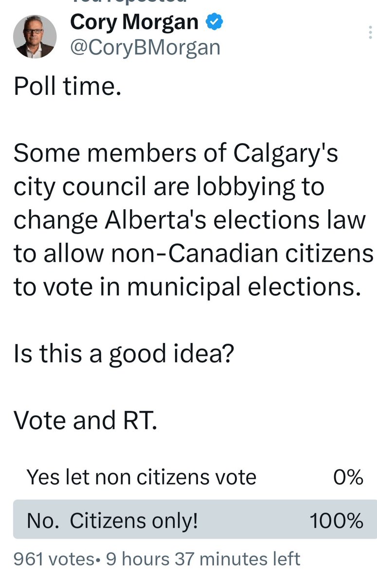 I know polls on X reflect the bias of the poster but holy shit.

Nearly 1,000 votes and 100% on one side.

Gondek's council of clowns is incredibly offside on this issue.

#yyccc #yyc