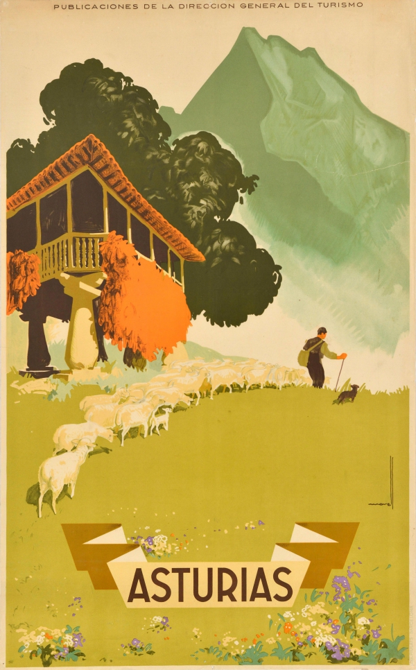 Original #vintage #poster of the day - Asturias (1930s) Artist: Jose Morell → antikbar.co.uk/original_vinta… 

#Asturias #Spain #Travel #Cantabria #Mountains #Sheep #Farming #Shepherd #Dog #Art #Tourism #TravelTuesday