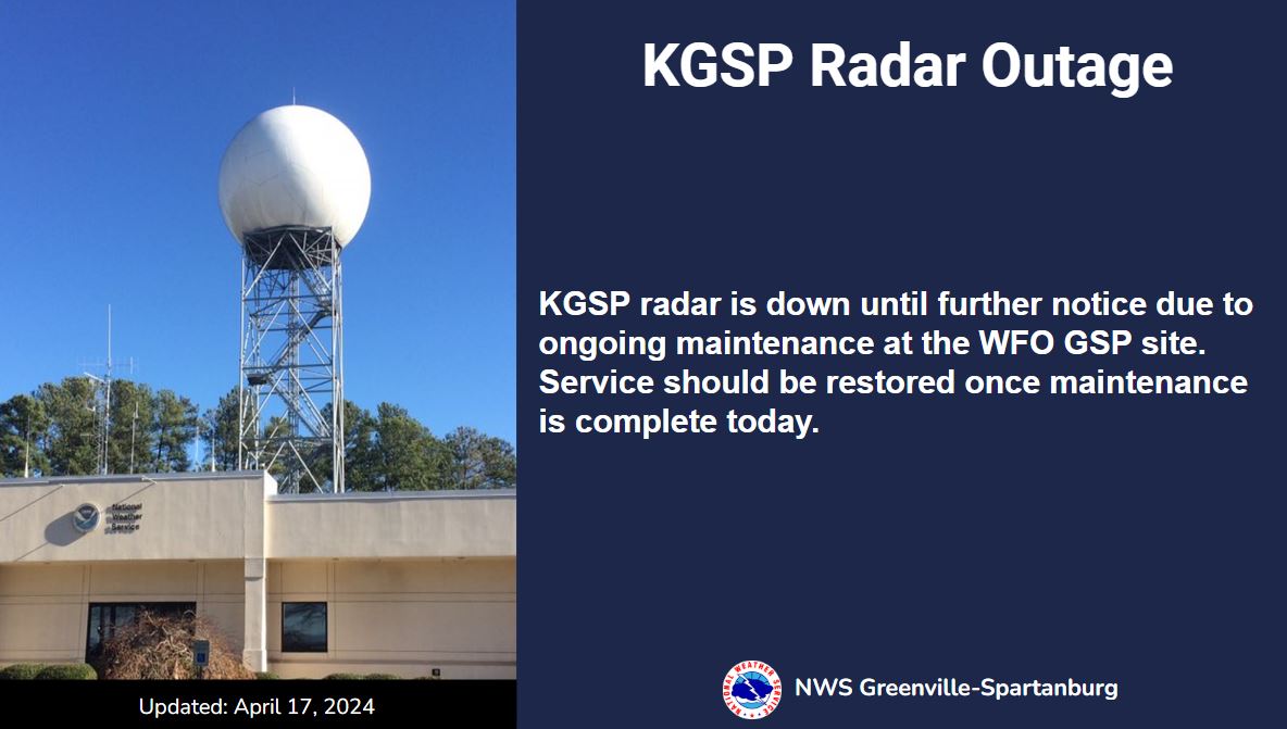 NWSGSP's tweet photo. HEADS UP: The KGSP radar will be offline due to maintenance occurring on site. Additionally, the maintenance has also disrupted transmission to the Paris Mountain NWR. Both should be restored once maintenance is complete. https://t.co/kieJy5eC53