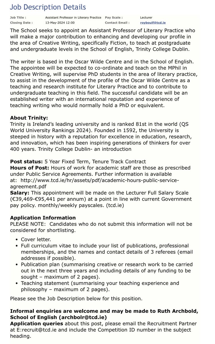 Creative writers of fiction! ⁦@TCDEnglish⁩ wants you. It’s tenure track. And we’re very nice.