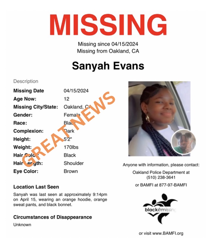 GREAT NEWS: @oaklandpoliceca just alerted us that Sanyah Evans has been located, safe. Thank you all for sharing her profile. 🧡