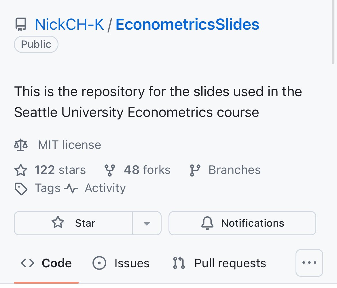 Seattle Üniversitesi Ekonometri kursunda kullanılan slaytlara aşağıdaki linkten ulaşabilirsiniz... 👇👇👇 🔗 github.com/NickCH-K/Econo…