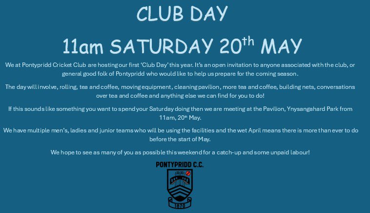 💙CLUB DAY💙 We are hosting our first ‘Club Day’ this year to prepare our ground, nets and other facilities ahead of our cricket season. We would like your support this Saturday from 11am. If you can spare a couple of hours, we would be very grateful. See you there 💪🏼🧹🧼