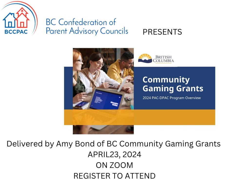 BCCPAC's tweet photo. April 23, 7 pm, join us as we host a free session by BC Community Gaming with  information and updates on the PAC and DPAC grant program!
Register here: https://t.co/Byyok9GudV
#bced #ParentAdvocacy #PACs #DPACs https://t.co/5zXStrrm9s