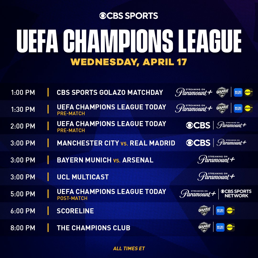 CBS Sports' special 90-minute UEFA Champions League Today pre-match studio show begins at 1:30 PM ET, on CBS Sports Golazo Network & @paramountplus. Coverage continues on CBS and Paramount+ at 2 PM @ManCityUS vs. @realmadriden (CBS & Paramount+) and @FCBayernUS vs. @Arsenal