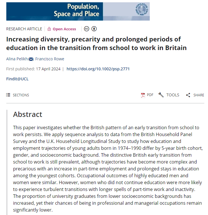 AlinaPelikh's tweet photo. Key points from our new paper w/@Fcorowe in PSP.  @CLScohorts @UCLSocRes @IOE_London @IOE_EarlyCareer 
We looked at the school-to-work trajectories of those born in 1974-79, 1980-84 and 1985-90 in the UK between the ages of 16-26 using @usociety. They have become more complex! https://t.co/7NTpMos7Za