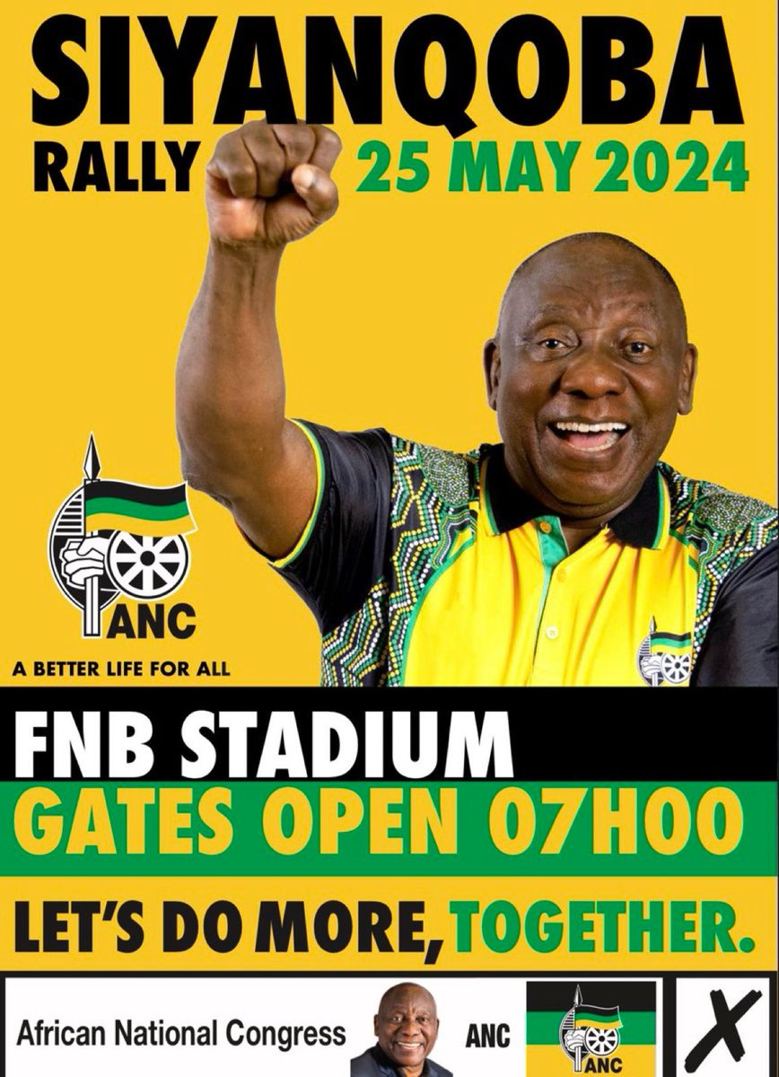 All roads lead to FNB Stadium for the #SiyanqobaRally! ⚫🟢🟡

Date: 25 May 2024 
Time: 07h00

#VoteANC
#VoteANC2024
#LetsDoMoreTogether