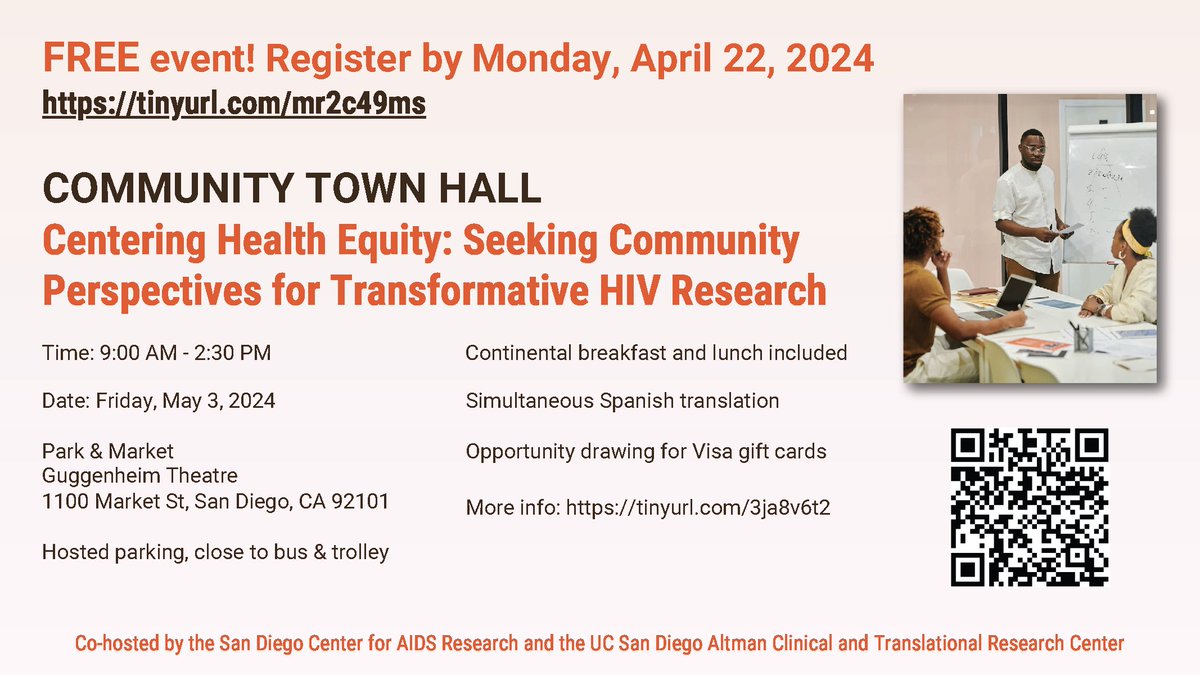 Do you live with #HIV or care for people who do in the #SoCal / #Tijuana region? If so, we & @ucsdactri want to hear from you! RSVP now for this free town hall on Friday, May 3! Info & registration: ow.ly/iemT50ReCvG