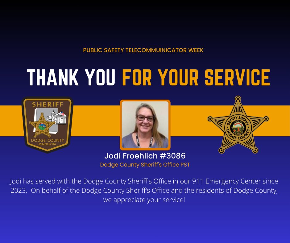 NATIONAL PUBLIC SAFETY TELECOMMUNICATORS WEEK - This week we are celebrating our heroes who are heard, but never seen, serving in our 911 Dispatch Center. Jodi is one of these heroes! On behalf of Dodge County and DCSO, we thank you for your service! 🖤💛🖤