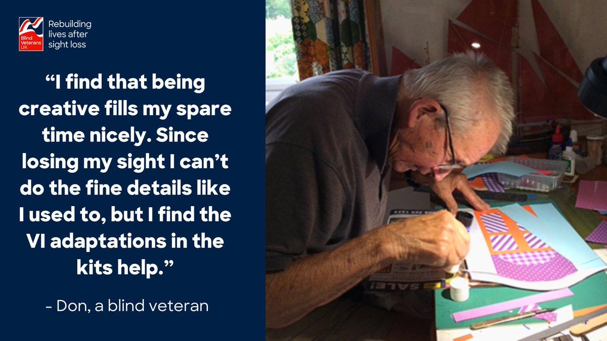 Blind veterans like Don joined our National Creative Wellbeing Programme project, crafting collage hot air balloons from home using our kits. We received so many fantastic designs so we made two wonderful tea towels to buy! Visit our shop to get yours: ow.ly/RuFb50Rh6tf