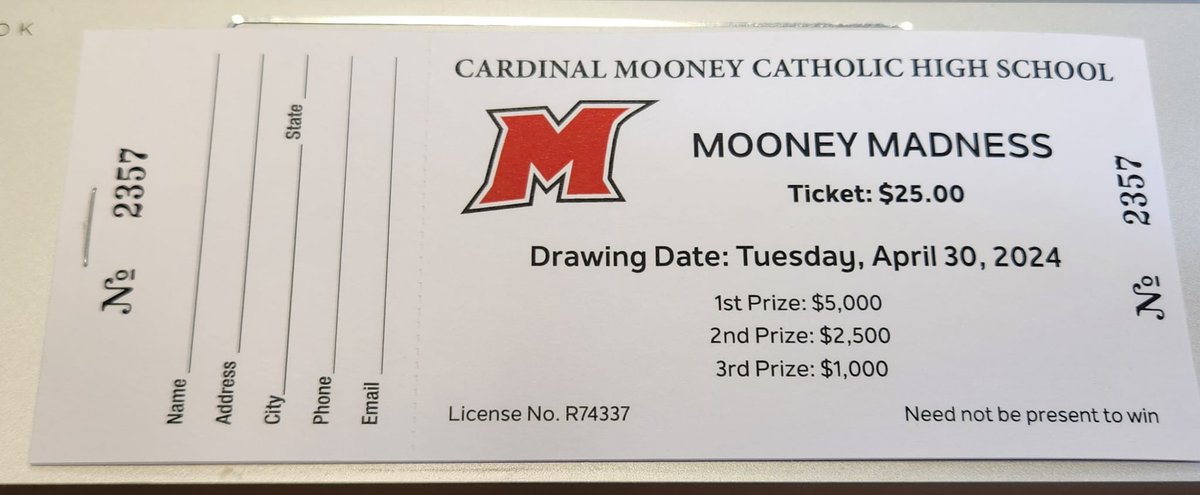 Have you bought a ticket for Mooney Madness yet? There is still time to enter for a chance to win prizes up to $5,000! Tickets are $25 and can be bought from any student or by contacting Dan Kilian at dkilian@cardinalmooney.org.