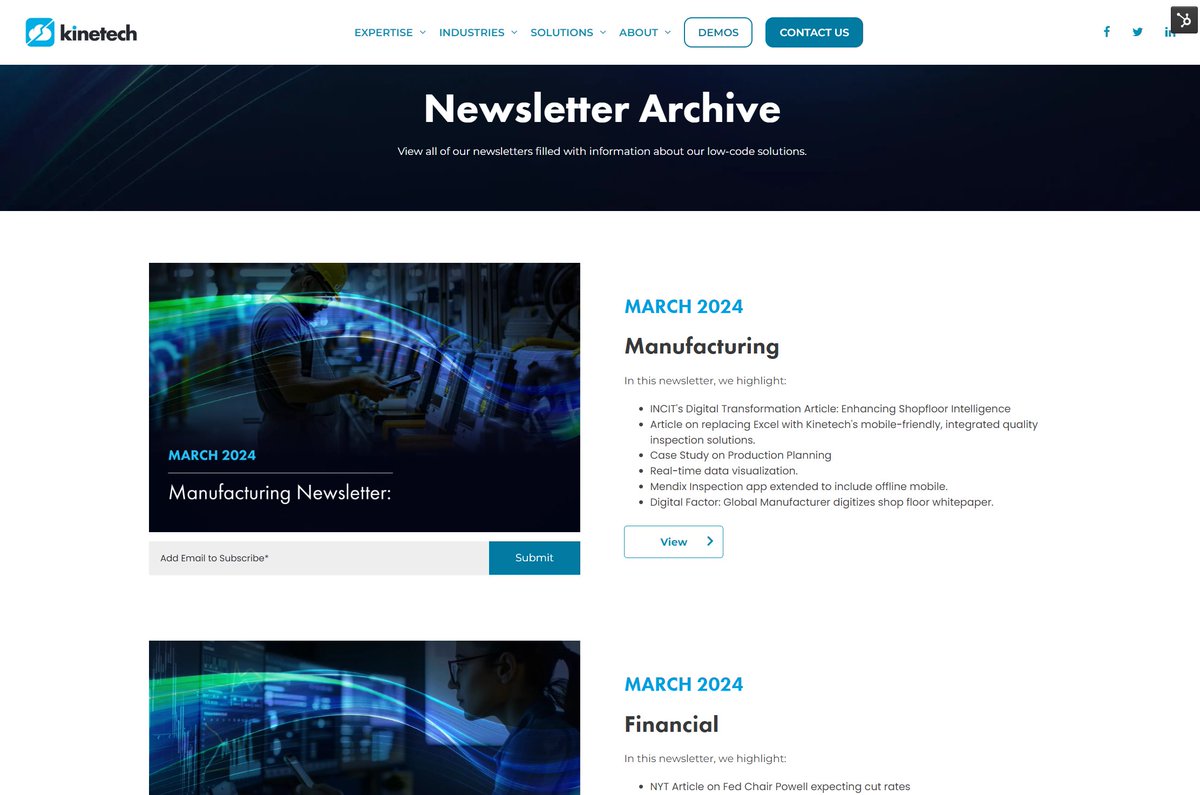 📢 Stay ahead with Kinetech's industry-specific newsletters for manufacturing, banking, and government sectors! 💼✉️ Missed a past issue? Access our newsletter archive anytime, anywhere. Stay informed, stay ahead! kinetechcloud.com/newsletter Thinking about #LowCode? #ThinKinetech