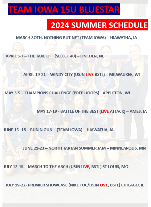 Team Iowa Elite 2027 (@teamiowa2027bs) on Twitter photo Our Summer Schedule! We got some fun stops this summer, this weekend we are in Milwaukee for the <a href="/USJN/">USJN</a> Windy City Tournament playing up in the 16u division Come check us out.<a href="/DIAMONDLUVAN/">Diamond LuVan</a> <a href="/Team_Iowa/">Team Iowa Basketball</a> <a href="/SpicerLillianna/">Lillianna Spicer</a> <a href="/elysionna/">Elysionna</a> <a href="/angelinetroh/">Angeline Troh</a> <a href="/maratheballer16/">Kymara Atwood-Mayes</a> <a href="/BlueStarBB/">Blue Star Basketball</a> <a href="/PGHBrooks/">Jeremy Brooks</a> Our Summer Schedule! We got some fun stops this summer, this weekend we are in Milwaukee for the <a href="/USJN/">USJN</a> Windy City Tournament playing up in the 16u division Come check us out.<a href="/DIAMONDLUVAN/">Diamond LuVan</a> <a href="/Team_Iowa/">Team Iowa Basketball</a> <a href="/SpicerLillianna/">Lillianna Spicer</a> <a href="/elysionna/">Elysionna</a> <a href="/angelinetroh/">Angeline Troh</a> <a href="/maratheballer16/">Kymara Atwood-Mayes</a> <a href="/BlueStarBB/">Blue Star Basketball</a> <a href="/PGHBrooks/">Jeremy Brooks</a>