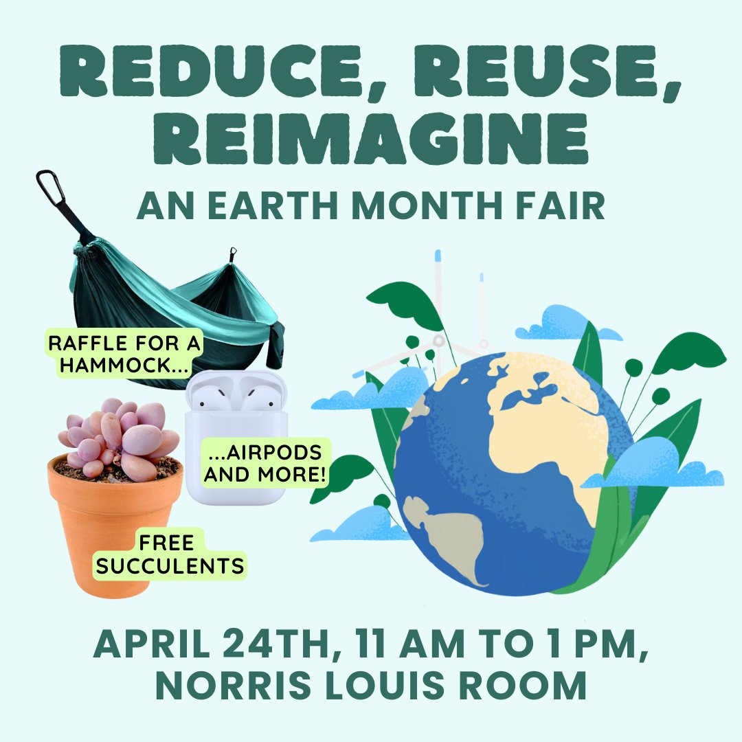 sustainNU's tweet image. Join sustainNU and Norris Mini Courses for an Earth Month Fair featuring campus sustainability, ways to get involved, and an Arts and Crafts Market. Plus, grab a free succulent, decorate a pot for your new plant, and enter a raffle for prizes!
#EarthMonth #EnvironmentalArt