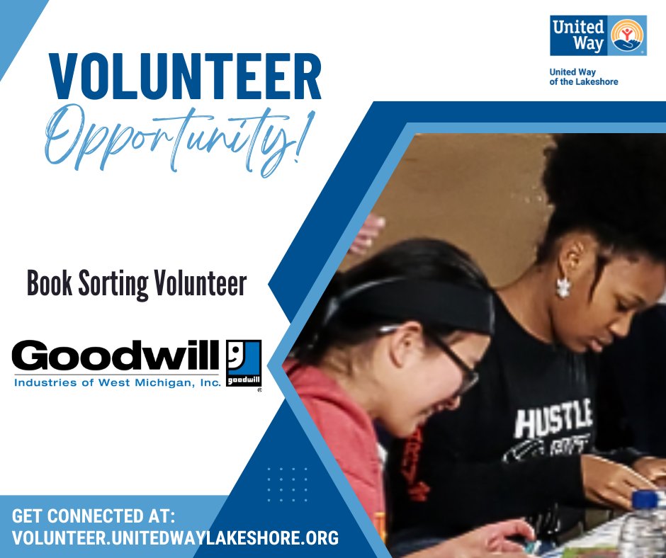 Join Goodwill Industries of West Michigan to sort children's books! These books will be given to children for free in our community. There are upcoming volunteer opportunities on April 24 and May 1, May 15, and May 29. Sign up and learn more at ow.ly/OLpm50RhhXX.