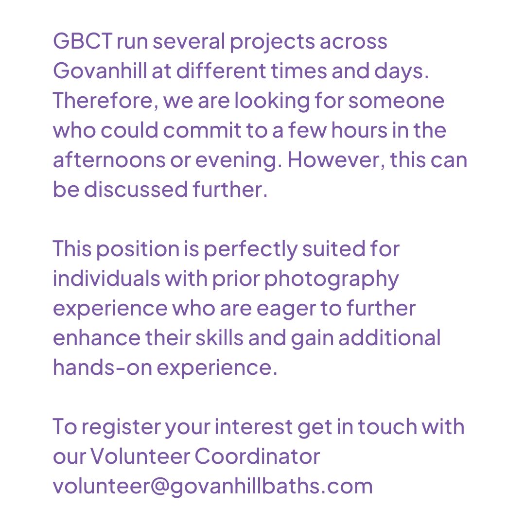 We are looking for a photographer to join our volunteering team! To register your interest get in touch with our Volunteer Coordinator volunteer@govanhillbaths.com.