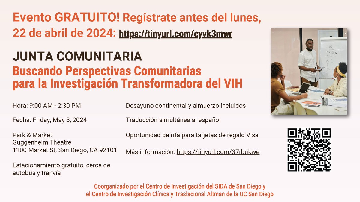 ¿Vives con #VIH o cuidas a personas que lo hacen en la región de #SoCal/#Tijuana? Si es así, ¡nosotros y @ucsdactri queremos saber de usted! ¡Confirma tu asistencia para este junta comunitaria gratuito el viernes 3 de mayo! Información e inscripción: ow.ly/y3rm50ReCza