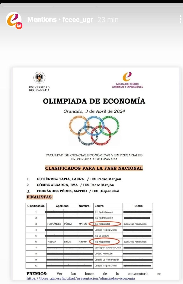 Nuestros alumnos de 2° de bachillerato Mateo Fernández Pérez y Ainara Viedma Linde han conseguido el 3° y 6° puesto en las Olimpiadas de Economía organizadas por la <a href="/FcceeUgr/">FCCEE UGR</a>. ¡Enhorabuena! 👏👏👏

#SoyDelHispanidad