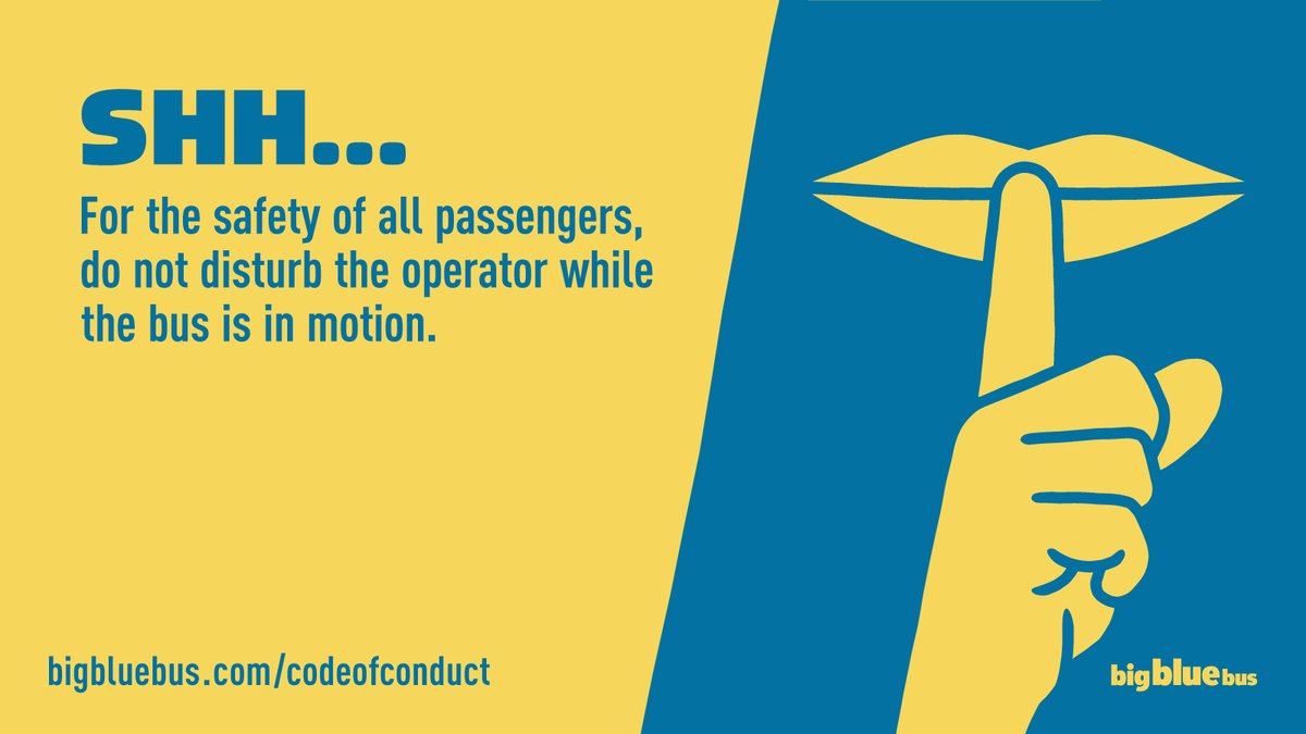 When the bus is on the move, let the driver groove! The drivers need their focus on the road. For the safety of all passengers, do not disturb the driver while the bus is in motion. Learn More: bigbluebus.com/codeofconduct 
 
#BBBPassengerSafety #DoNotDisturb #BigBlueBus