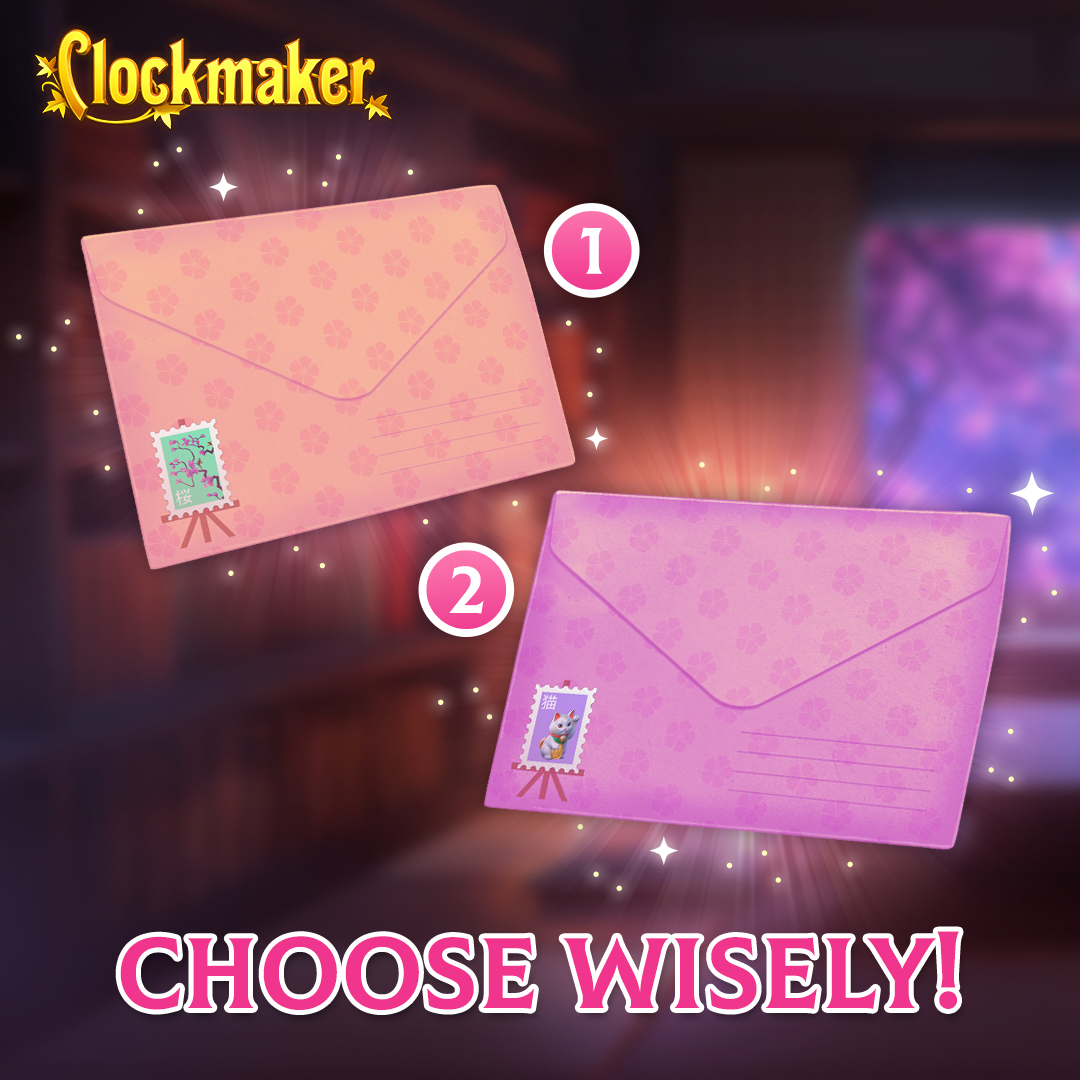 ClockmakerGame's tweet photo. 💌 Here's your invitation to the upcoming season: [link in bio]

Each envelope holds a secret bonus, but you must pick one! Which one is calling your name: 1 or 2? ✨

#match3game #puzzlegame #mobilegames #clockmakergame #mobilegame #clockmaker https://t.co/CPvF0qNJN6