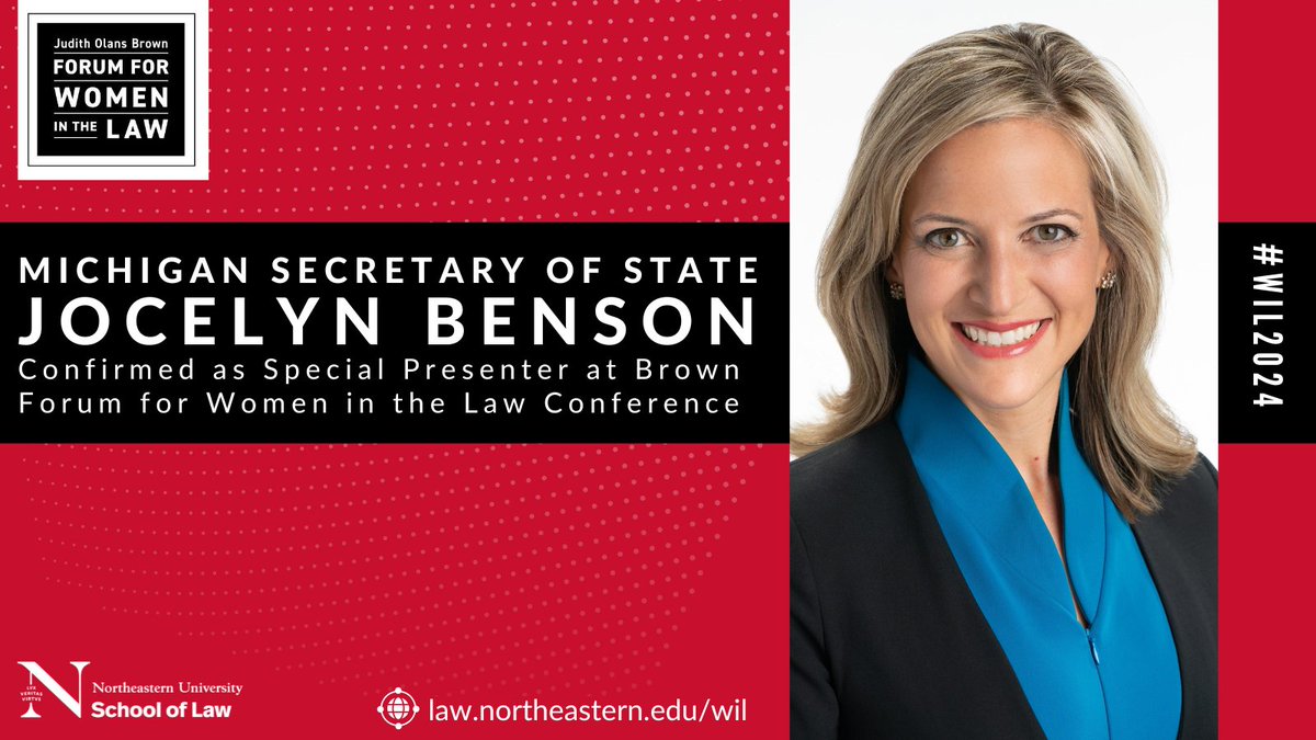 Michigan Secretary of State Jocelyn Benson, one of the nation’s most prominent leaders in ensuring elections are secure and accessible, will deliver a special presentation at the Brown Forum for Women in the Law Conference on May 3, 2024! #WIL24 law.northeastern.edu/jocelyn-benson…