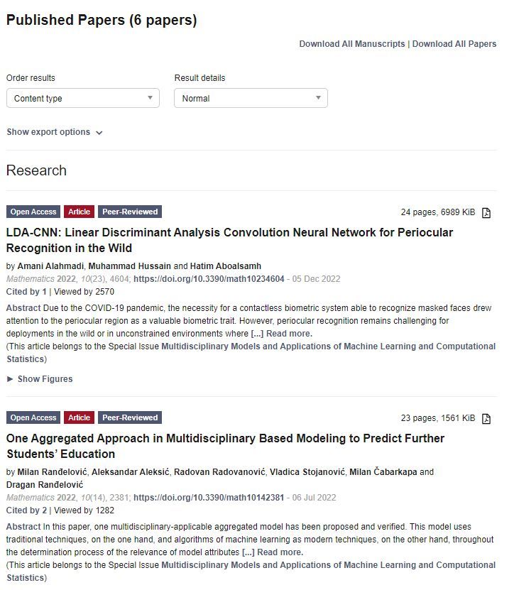 MathematicsMDPI's tweet image. All papers in the Special Issue "Multidisciplinary Models and Applications of #MachineLearning and #ComputationalStatistics " have been finalized.
buff.ly/3tE9tAQ
Welcome your reading!
#MDPIOpenAccess #ComSciMath_Mdpi
