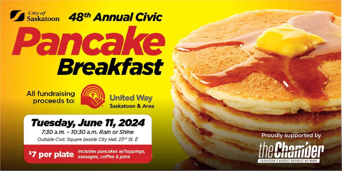 The 48th Annual Civic Pancake Breakfast is back! rain or shine, this year's breakfast is on Tuesday, June 11, from 7:30 a.m. to 10:30 a.m. outdoors beside Civic Square at 23rd Street and 4th Avenue. Learn more: bit.ly/43AkBR3 @Cityofsaskatoon