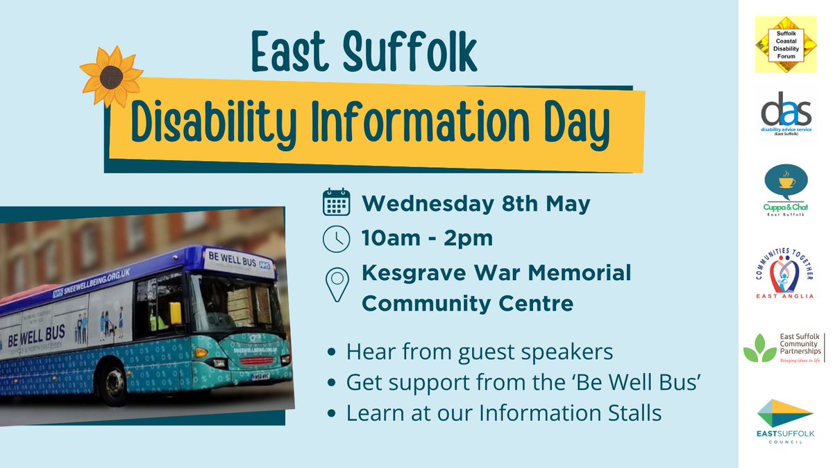 Join us for the East Suffolk Disability Information Day on Wednesday 8th May, from 10am to 2pm, in Ropes Hall, Kesgrave War Memorial Community Centre, IP5 1JF. Anyone can come along to network with others and get support. @DASeastsuffolk