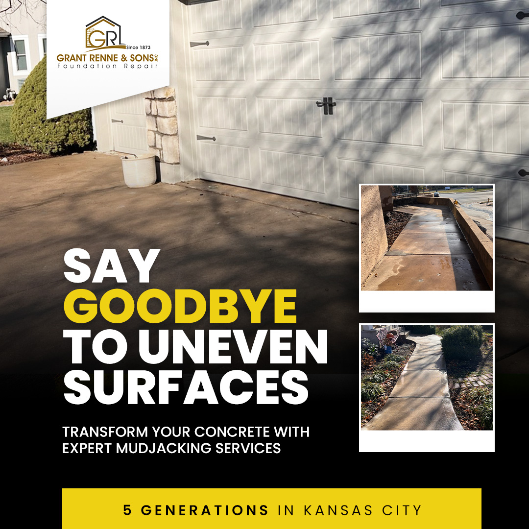 GrantRenne's tweet photo. Get rid of tripping hazards with our mudjacking services. We can transform your concrete into a smooth surface that will make you wonder why you didn't do it sooner. Contact Grant Renne & Sons today for a solution. #GrantRenneAndSons #KansasCity #Professionals #Mudjacking https://t.co/7nLAzv6dO6