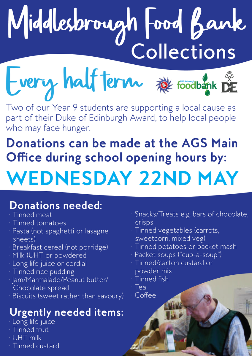 Due to all your generous donations, we are running another collection for Middlesbrough Food Bank this half term. If you would like to make a donation, please see the list of items below and drop at the Main Office before Wednesday 22nd May.